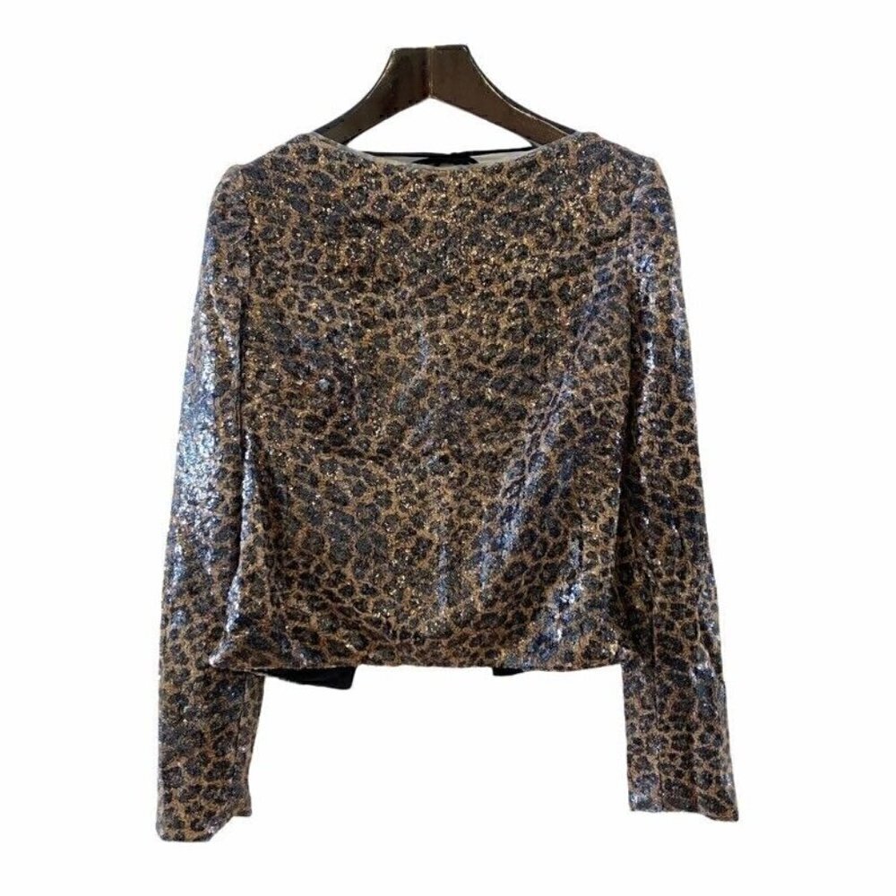 NEW LPA Women's Long Sleeve Blouse Brown Black Leopard Print Tie Lined Sequin XS